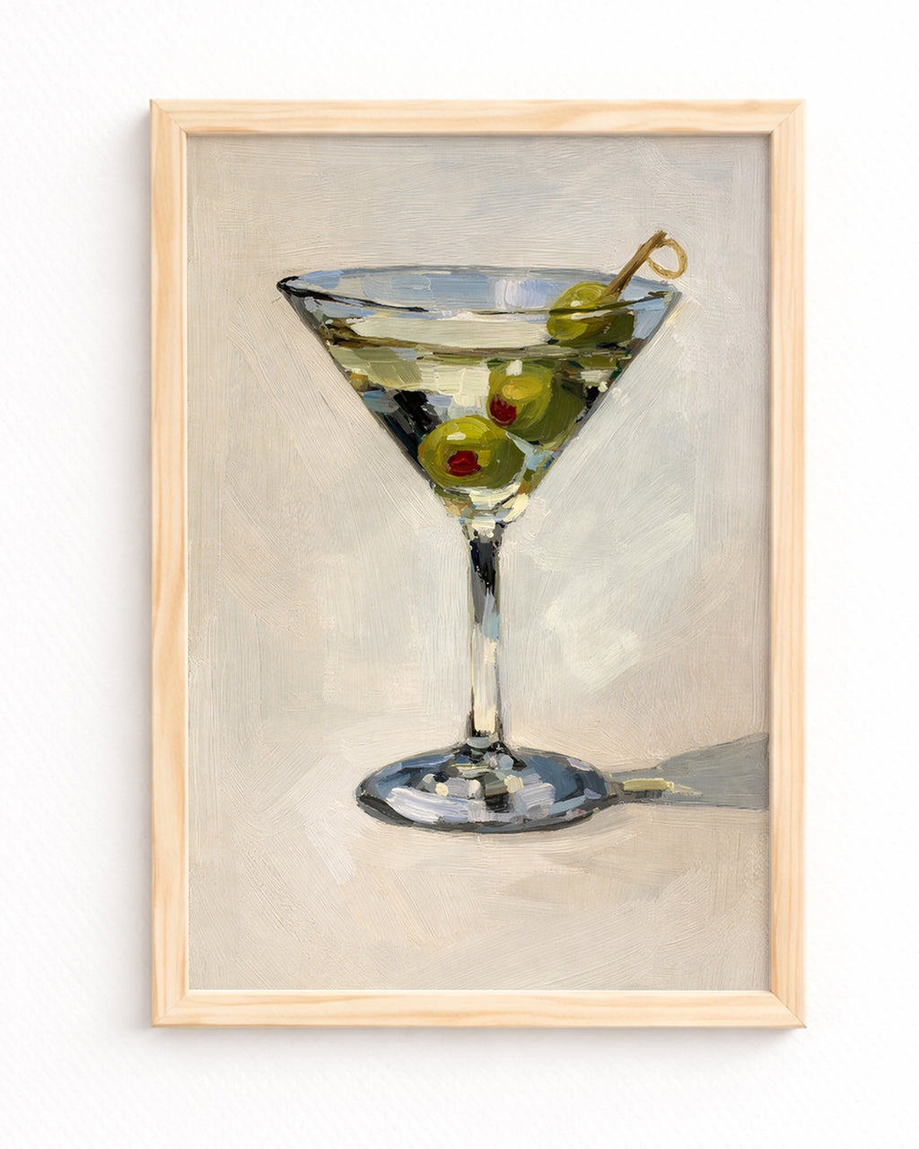 Martini Kokteyl Yağlıboya Posteri – Zeytin Detaylı Minimal Bar Duvar Sanatı