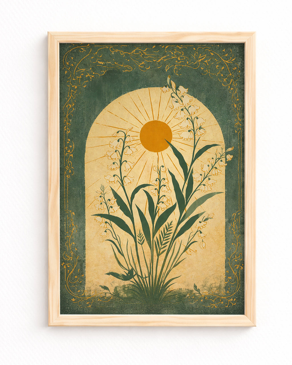 Art Nouveau Zambak Çiçeği Posteri – Güneş Motifli Vintage Botanik Duvar Sanatı