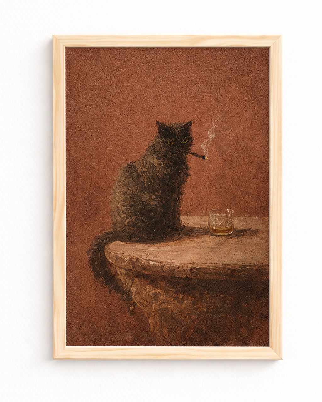 Vintage Siyah Kedi Yağlıboya Posteri – Puro ve Viski Temalı Klasik Duvar Sanatı