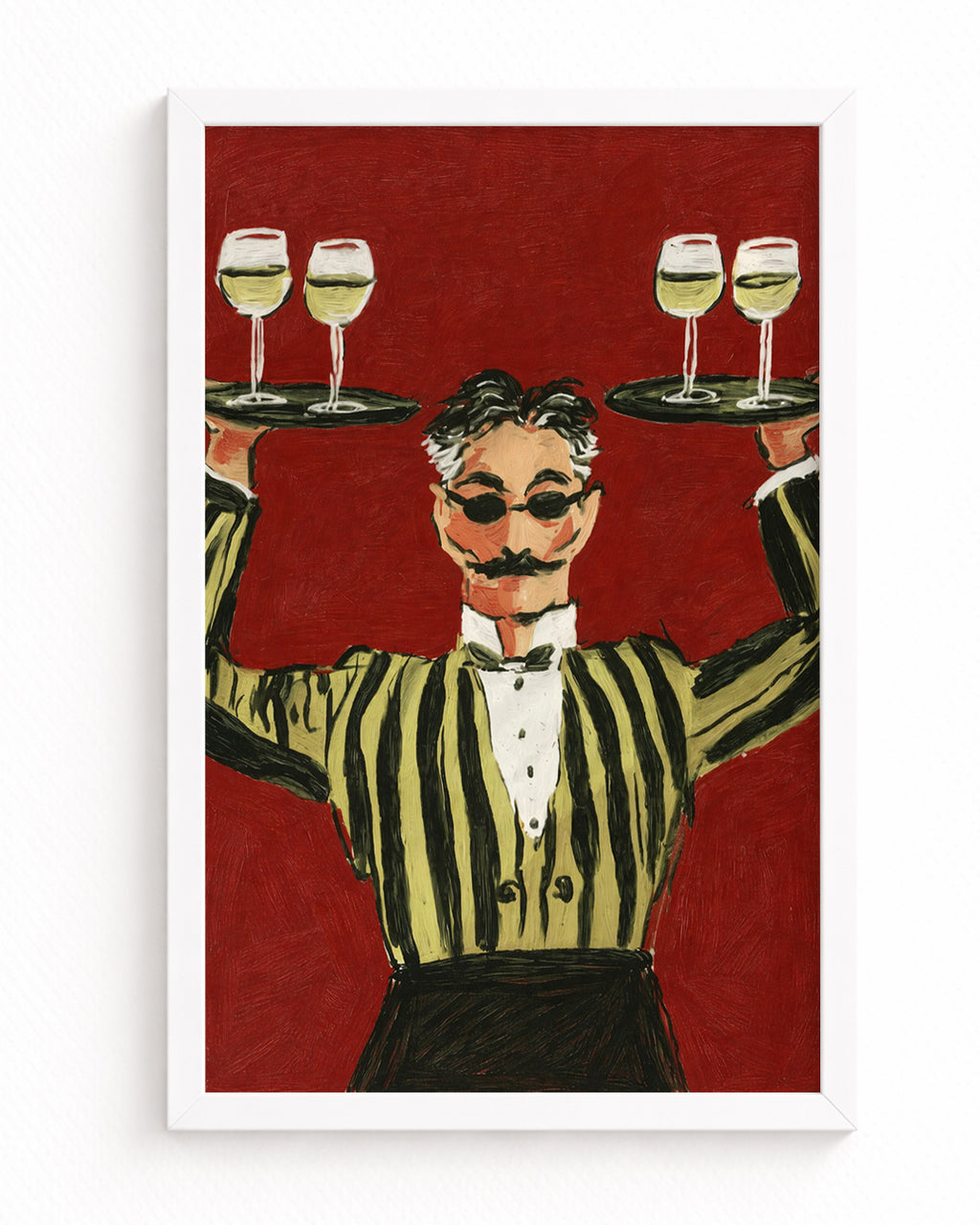 Vintage Garson İllüstrasyonlu Duvar Posteri – Kırmızı Zeminli Retro Sanat Tasarımı