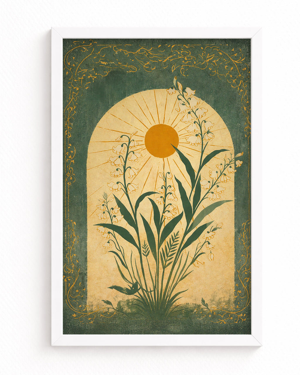 Art Nouveau Zambak Çiçeği Posteri – Güneş Motifli Vintage Botanik Duvar Sanatı
