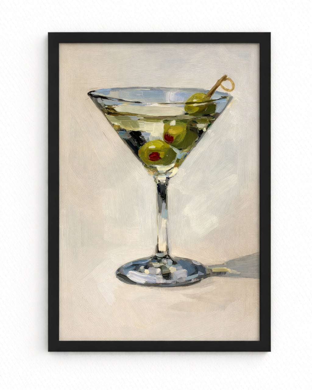 Martini Kokteyl Yağlıboya Posteri – Zeytin Detaylı Minimal Bar Duvar Sanatı