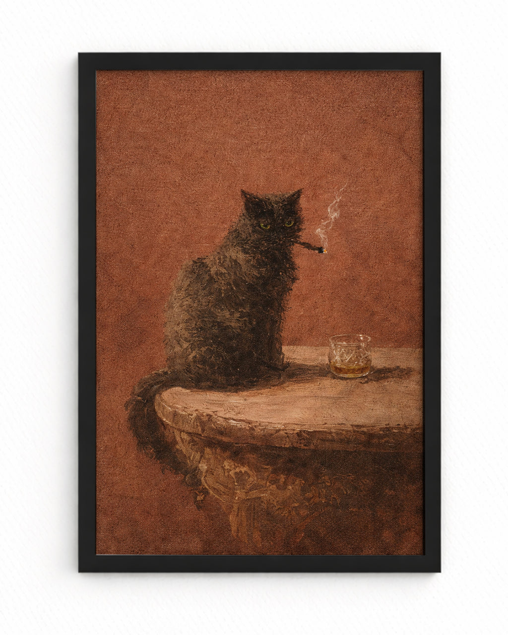 Vintage Siyah Kedi Yağlıboya Posteri – Puro ve Viski Temalı Klasik Duvar Sanatı