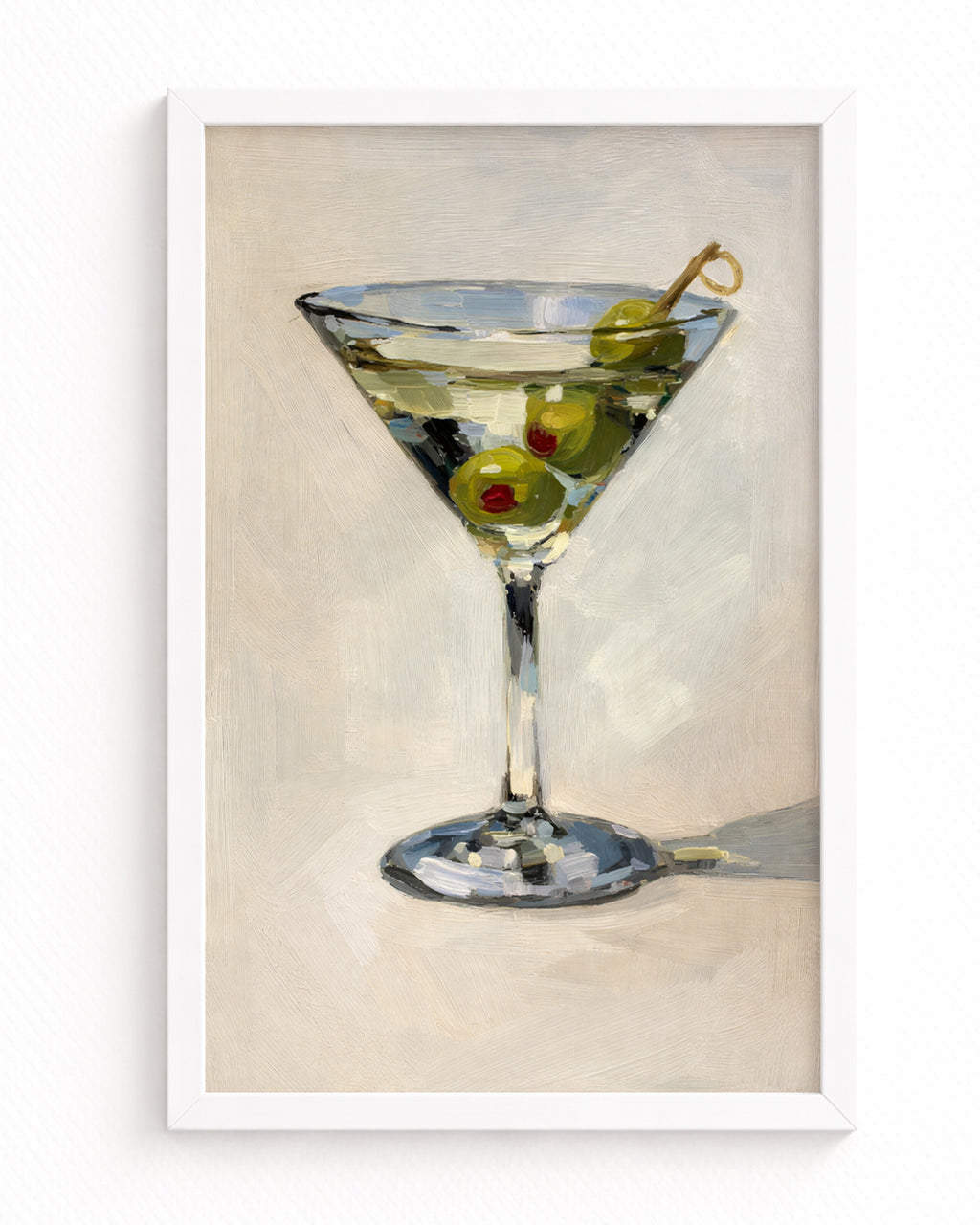 Martini Kokteyl Yağlıboya Posteri – Zeytin Detaylı Minimal Bar Duvar Sanatı