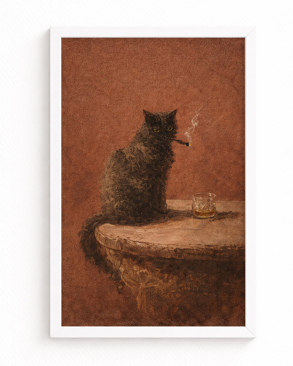 Vintage Siyah Kedi Yağlıboya Posteri – Puro ve Viski Temalı Klasik Duvar Sanatı