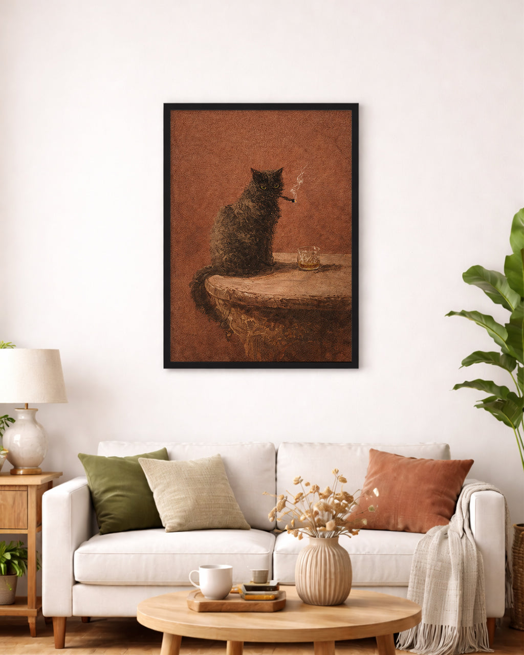 Vintage Siyah Kedi Yağlıboya Posteri – Puro ve Viski Temalı Klasik Duvar Sanatı