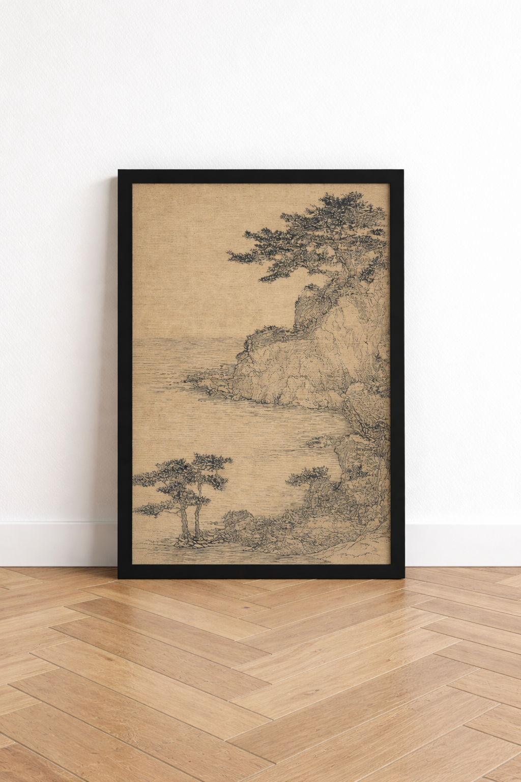 Minimalist Kıyı Manzarası Çizim Posteri – Vintage Eskiz Stil Duvar Sanatı