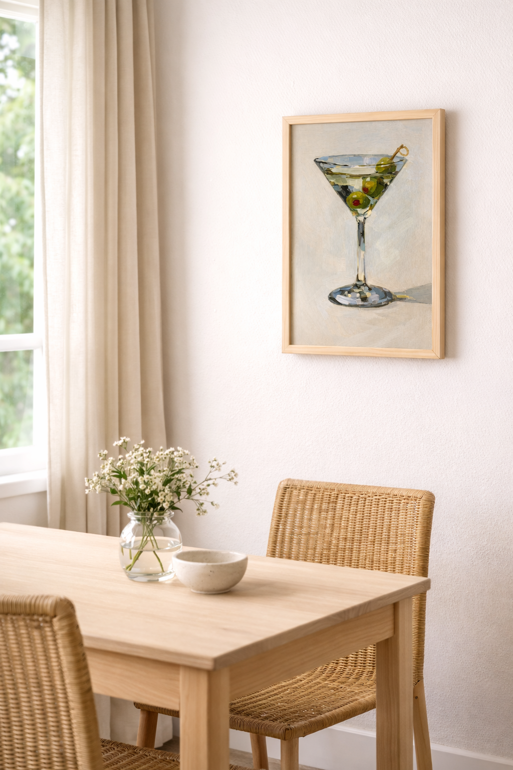 Martini Kokteyl Yağlıboya Posteri – Zeytin Detaylı Minimal Bar Duvar Sanatı