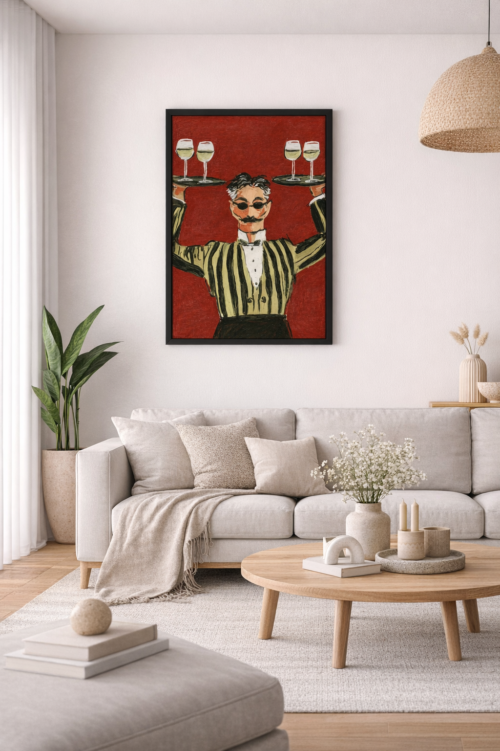 Vintage Garson İllüstrasyonlu Duvar Posteri – Kırmızı Zeminli Retro Sanat Tasarımı