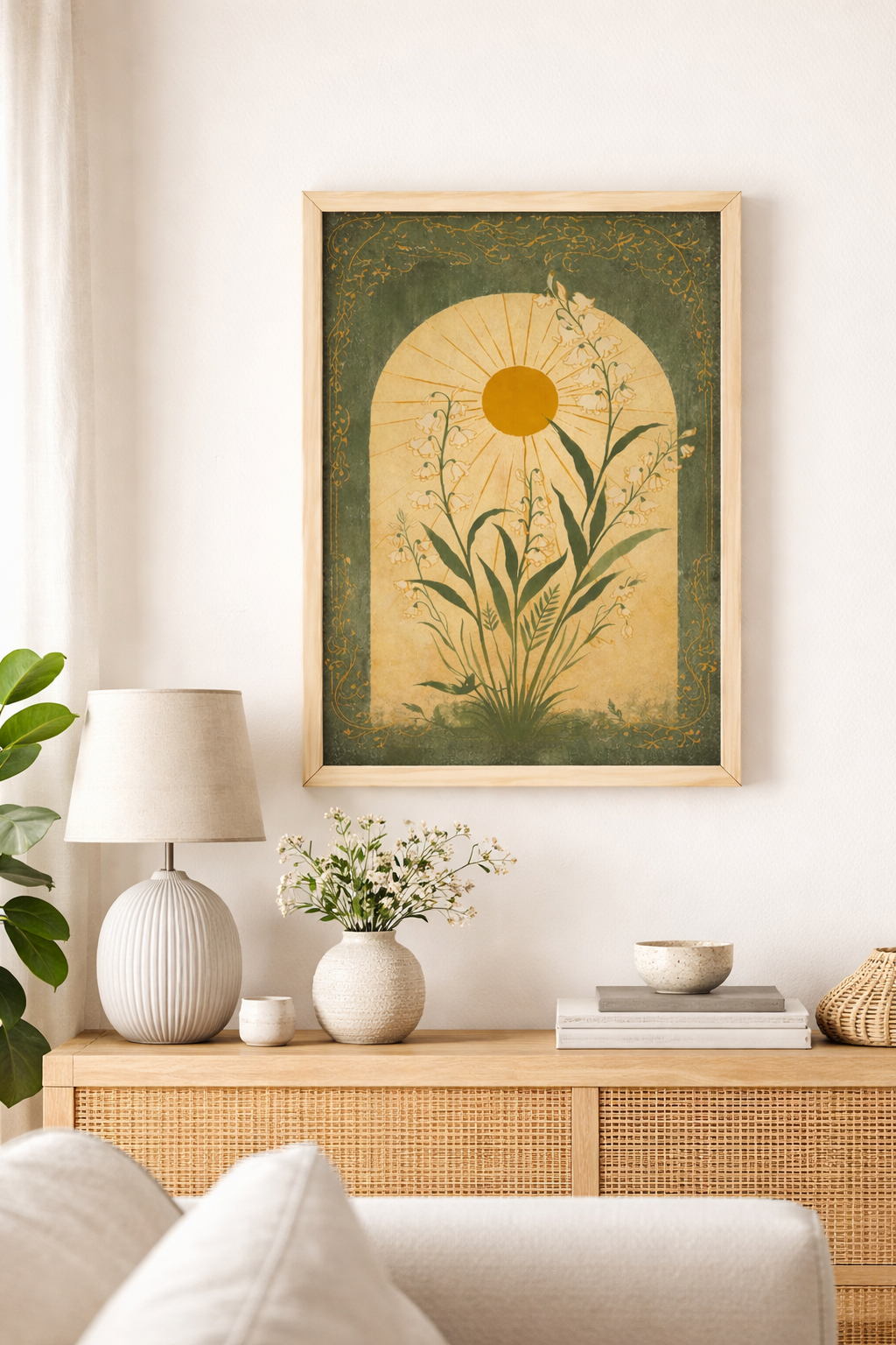 Art Nouveau Zambak Çiçeği Posteri – Güneş Motifli Vintage Botanik Duvar Sanatı