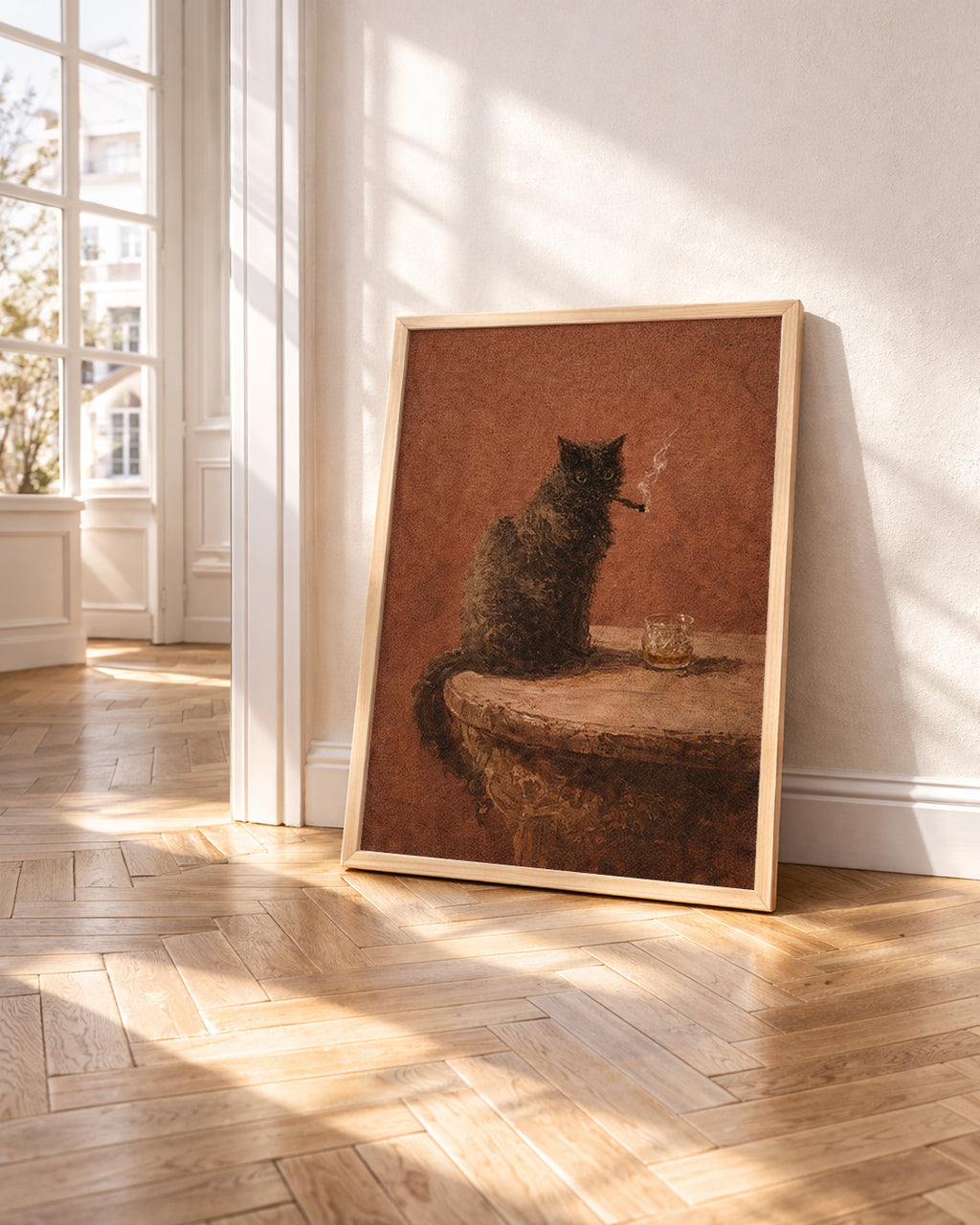 Vintage Siyah Kedi Yağlıboya Posteri – Puro ve Viski Temalı Klasik Duvar Sanatı