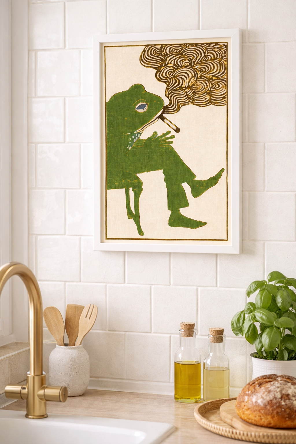 Retro Kurbağa Figürlü Sanatsal Duvar Posteri – Vintage İllüstrasyon Tasarım