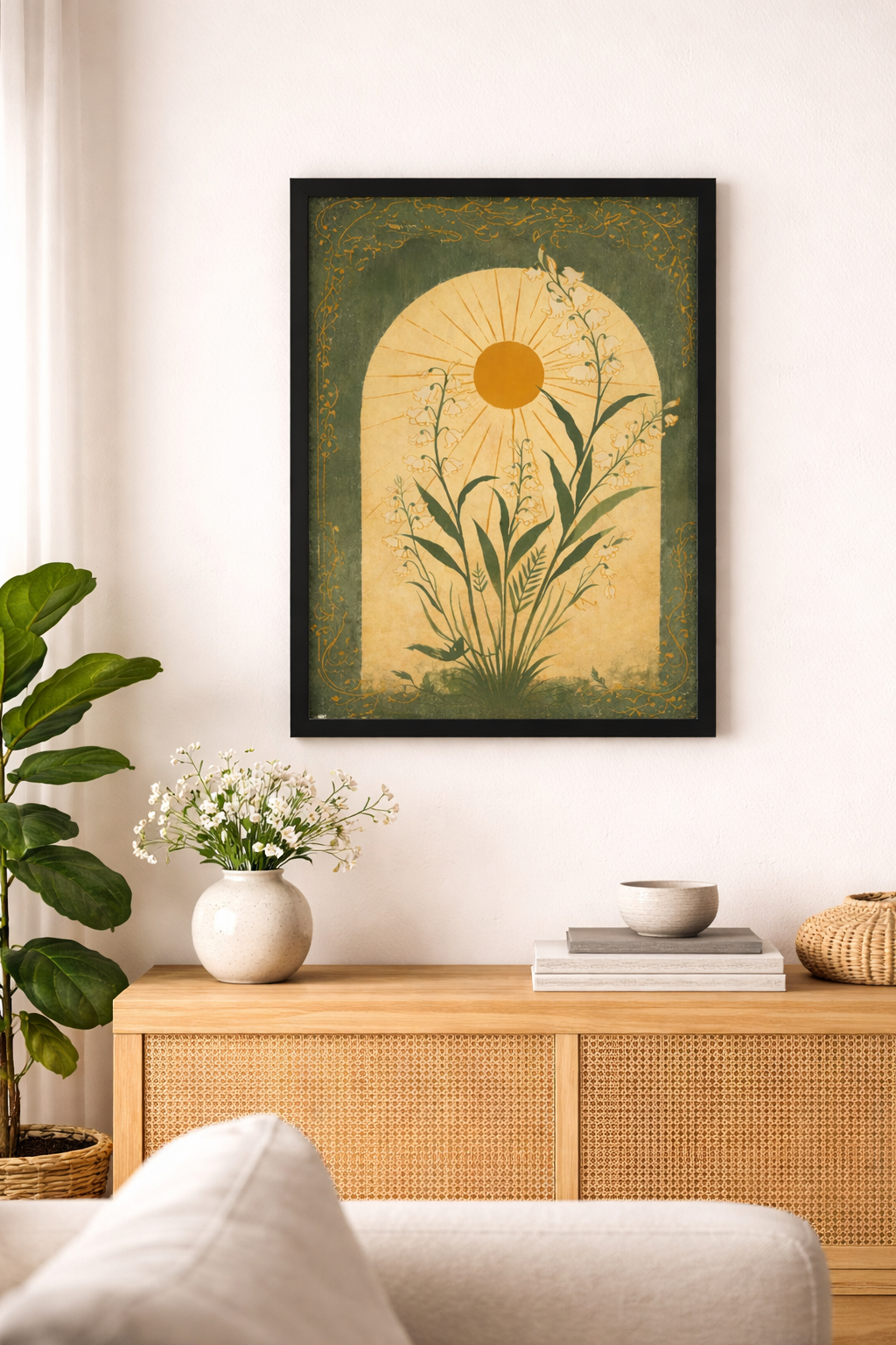 Art Nouveau Zambak Çiçeği Posteri – Güneş Motifli Vintage Botanik Duvar Sanatı