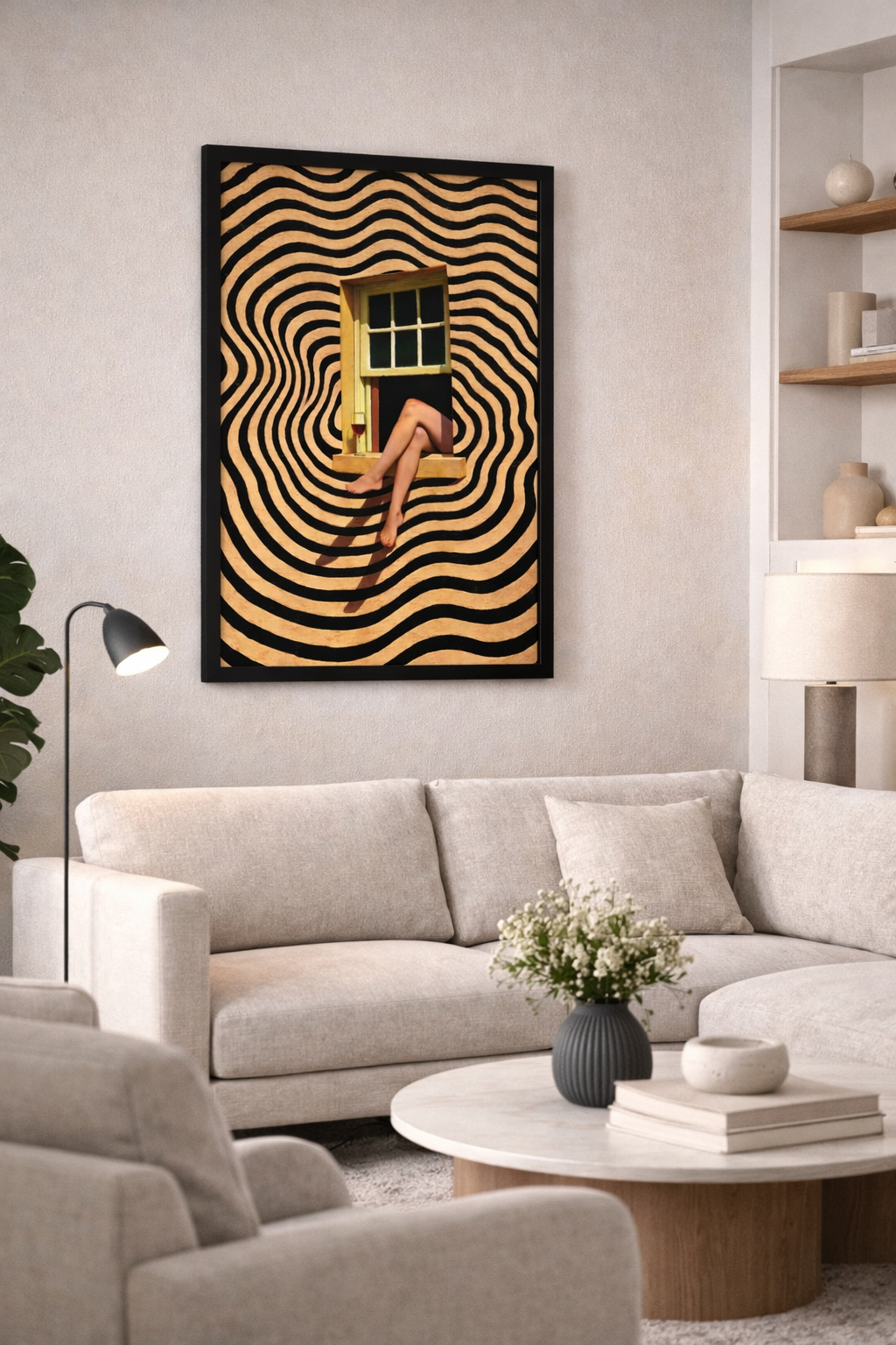 Optik Dalga Desenli Duvar Posteri – Pencerede Figürlü Sürreal Sanat Tasarımı