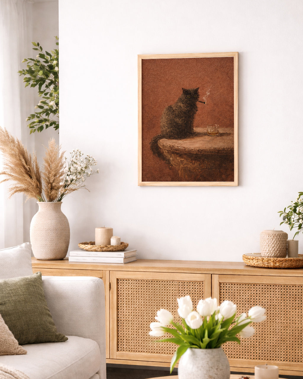 Vintage Siyah Kedi Yağlıboya Posteri – Puro ve Viski Temalı Klasik Duvar Sanatı