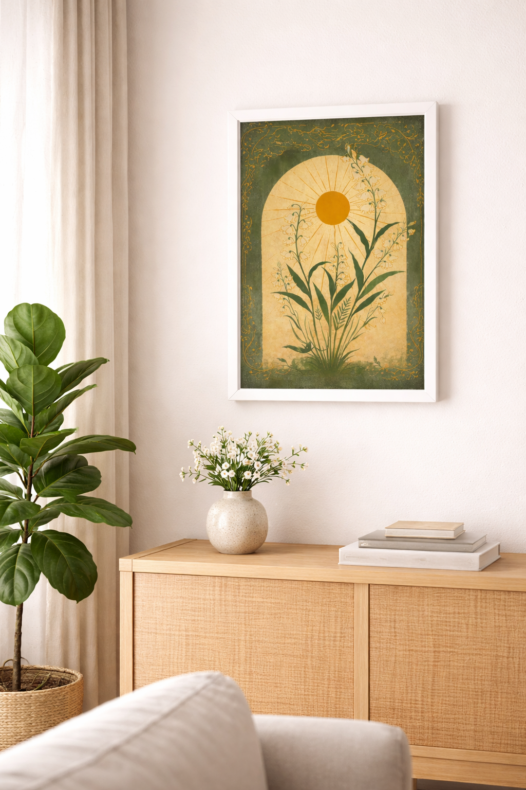 Art Nouveau Zambak Çiçeği Posteri – Güneş Motifli Vintage Botanik Duvar Sanatı
