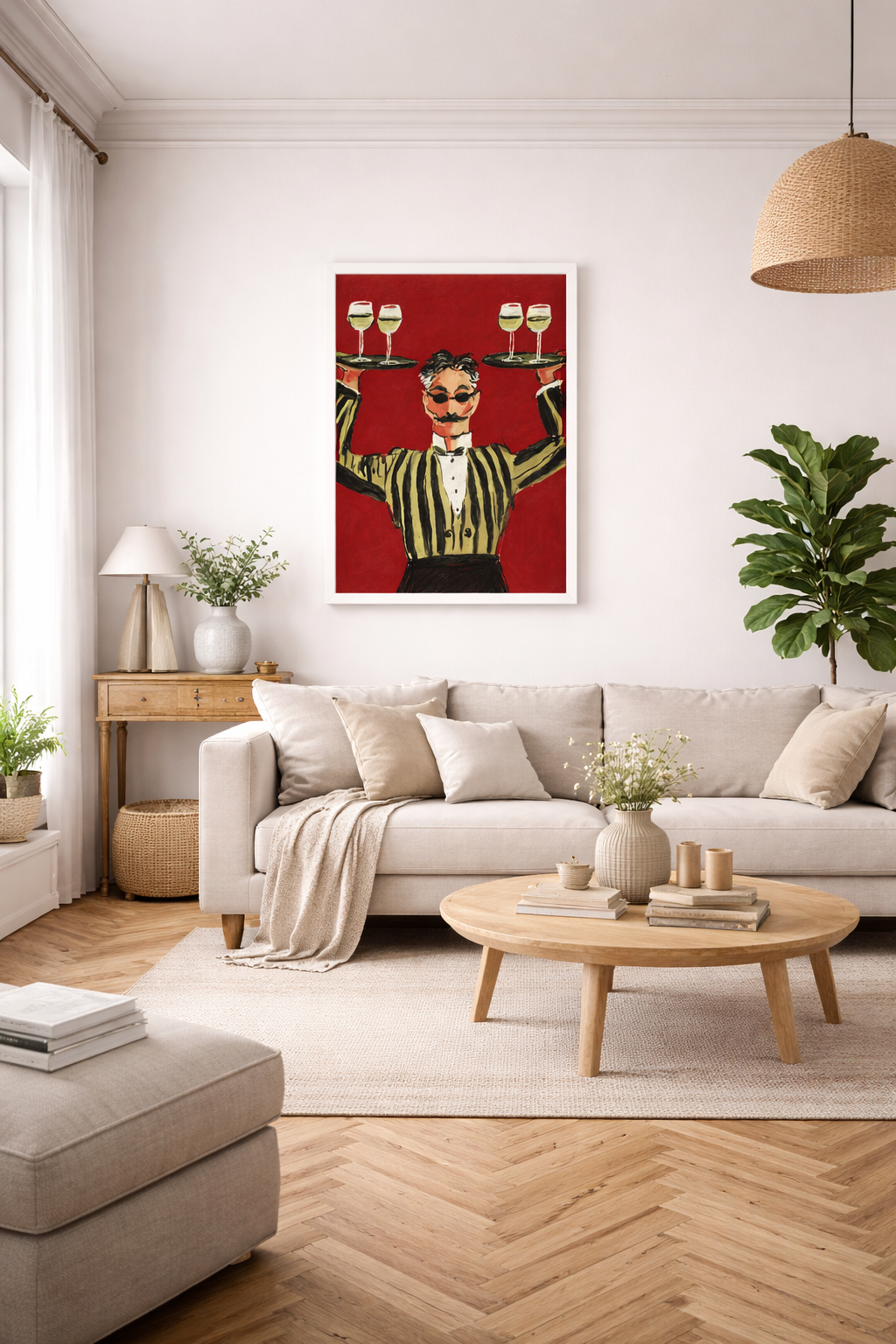 Vintage Garson İllüstrasyonlu Duvar Posteri – Kırmızı Zeminli Retro Sanat Tasarımı