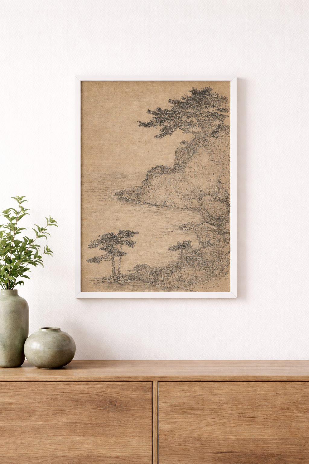 Minimalist Kıyı Manzarası Çizim Posteri – Vintage Eskiz Stil Duvar Sanatı